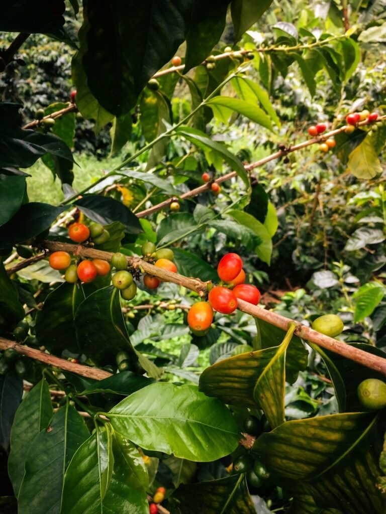 Bourbon variety coffee cherries on the branch